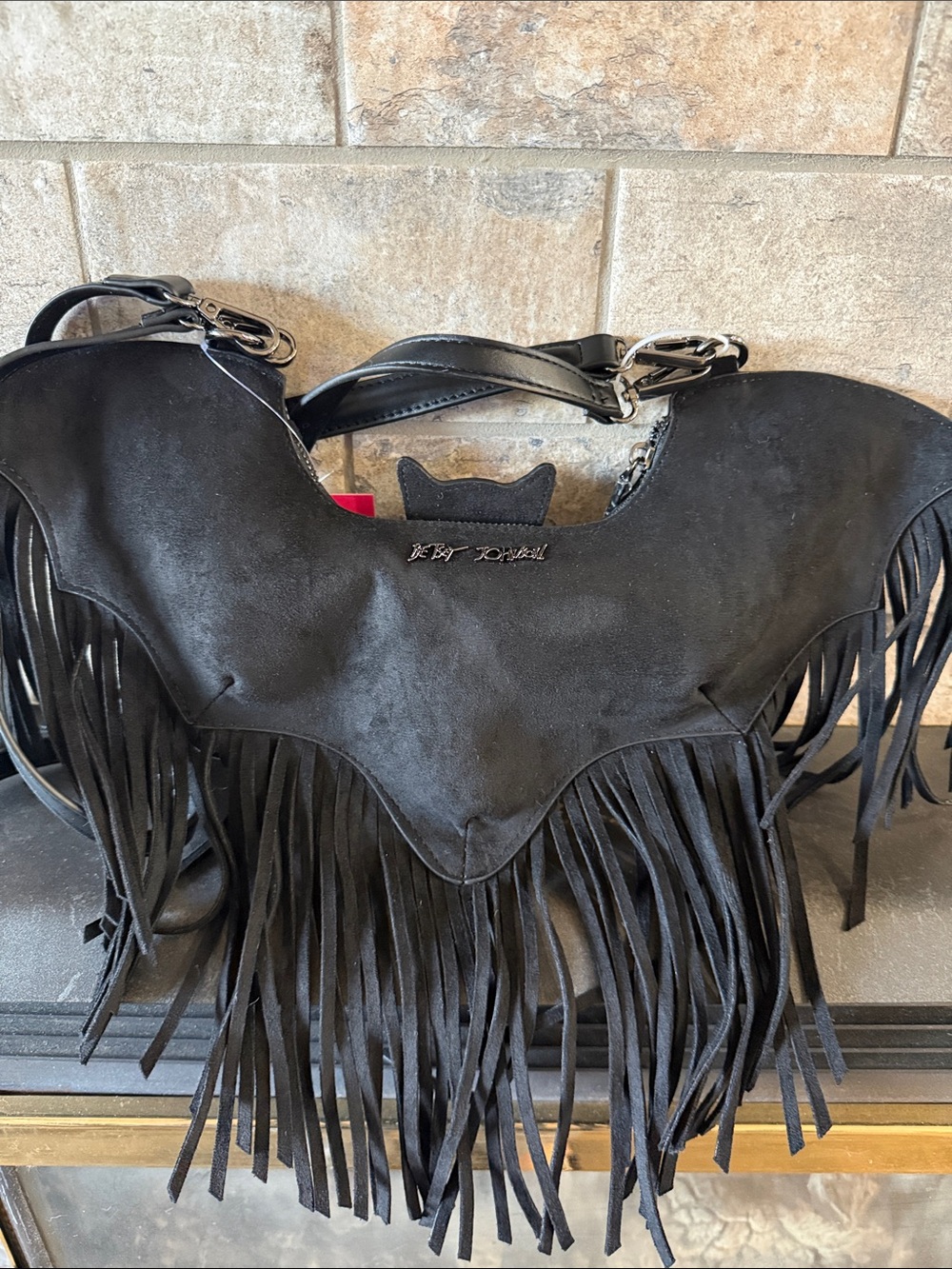 Viral Betsey Johnson Black Suede Fringe Batwing Shoulder Bag